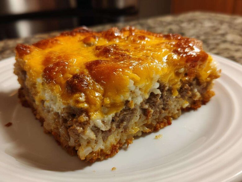 A square serving of Cheesy Beef and Rice Casserole Comfort Dish with a thick, bubbly, browned cheddar cheese topping.