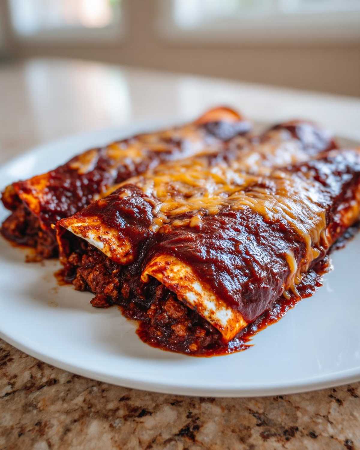 Close-up of three Cheesy Beef Enchiladas with Rich Sauce smothered in dark red sauce and melted cheddar cheese on a white plate.