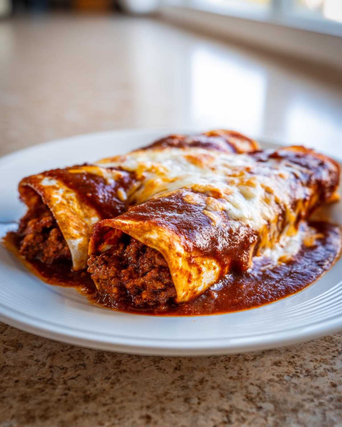 Close-up of two Cheesy Beef Enchiladas with Rich Sauce covered in melted white cheese on a white plate.
