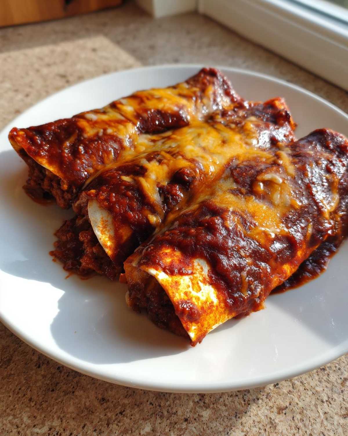 Three Cheesy Beef Enchiladas with Rich Sauce smothered in melted cheddar cheese on a white plate.
