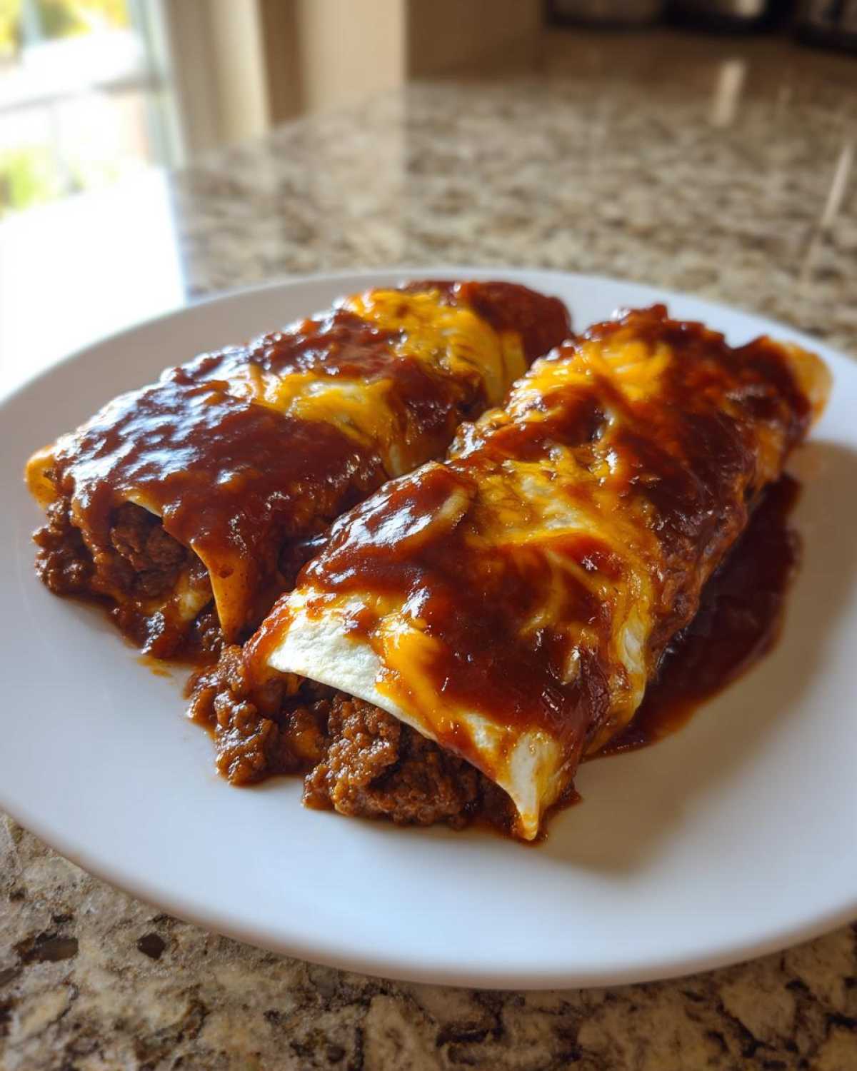 Two Cheesy Beef Enchiladas smothered in rich red sauce and melted cheese on a white plate.