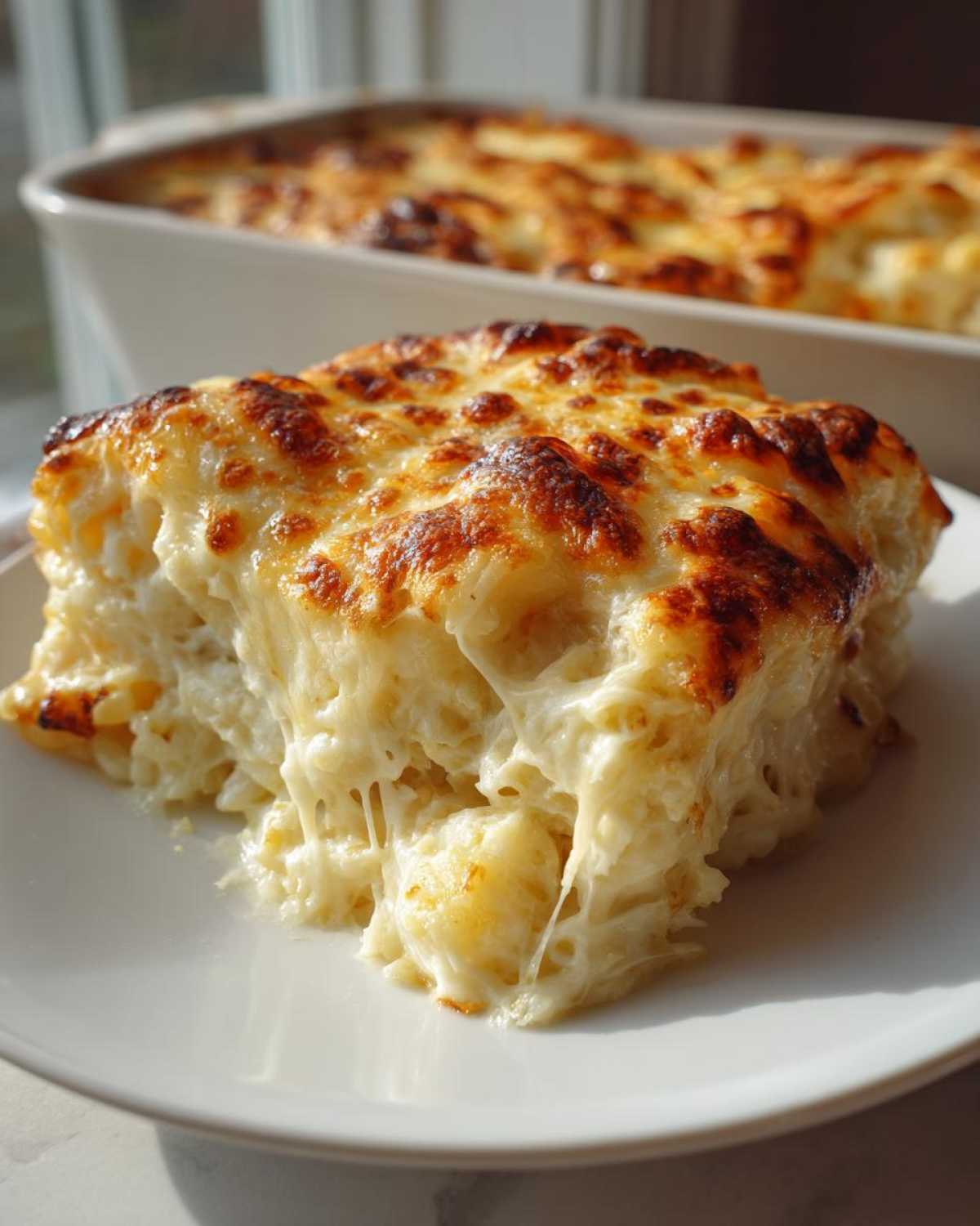 A gooey, cheesy slice of Cheesy Chicken Alfredo Bake with Mozzarella showing extreme cheese pull.