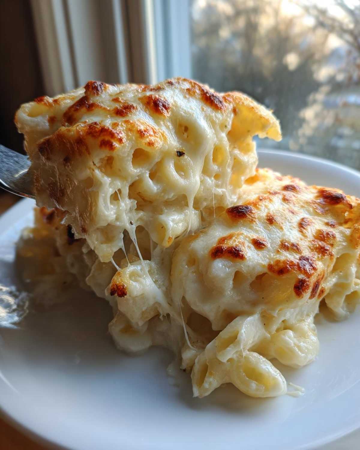 A serving of Cheesy Chicken Alfredo Bake with Mozzarella being lifted, showing gooey, melted cheese strings.