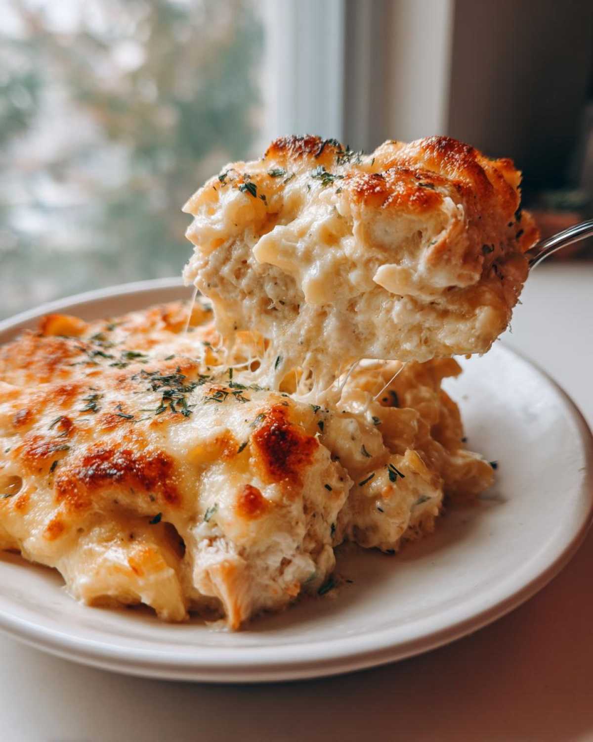 A spoonful of Cheesy Chicken Alfredo Bake with Mozzarella showing melted, stringy cheese being lifted from a white plate.