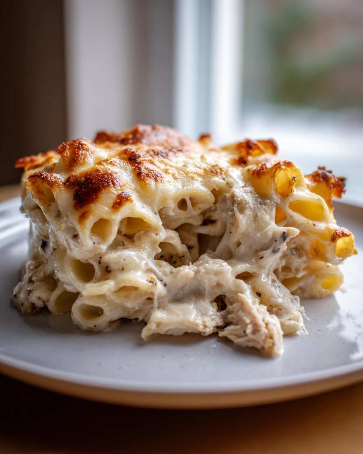 A close-up of a generous serving of Cheesy Chicken Alfredo Bake with Mozzarella, featuring baked ziti pasta and browned cheese topping.