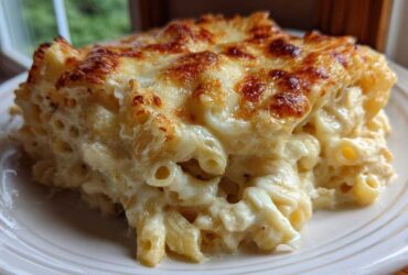 A close-up of a hearty serving of Cheesy Chicken Alfredo Bake with Mozzarella, featuring a golden-brown, bubbly cheese crust.