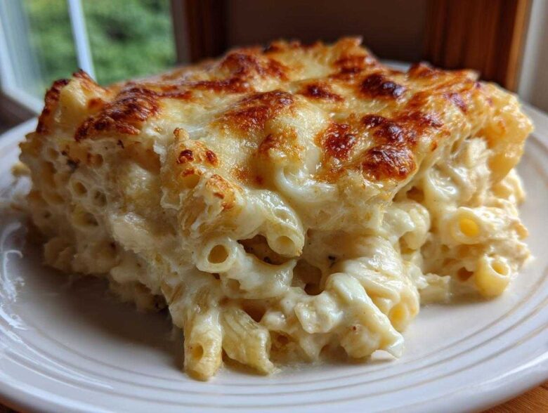A close-up of a hearty serving of Cheesy Chicken Alfredo Bake with Mozzarella, featuring a golden-brown, bubbly cheese crust.