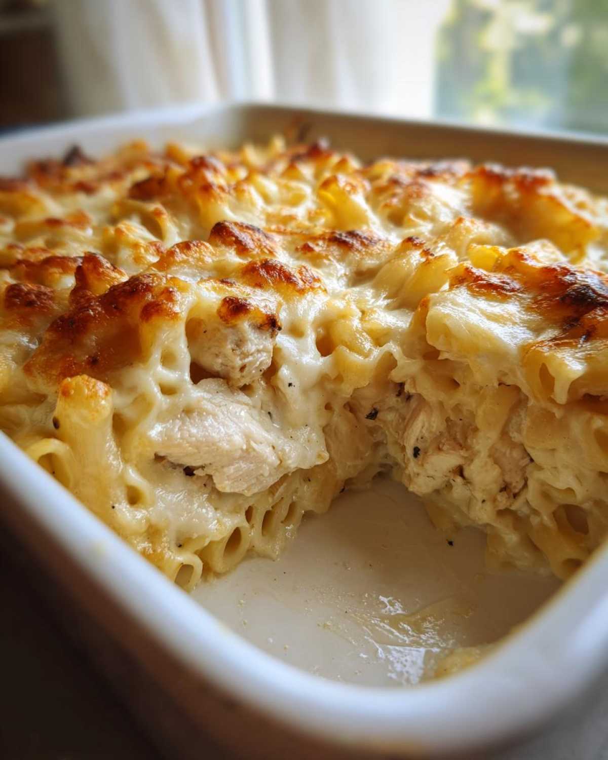 A close-up view of a portion removed from a Cheesy Chicken Alfredo Pasta Bake with Mozzarella, showing creamy sauce and browned cheese topping.
