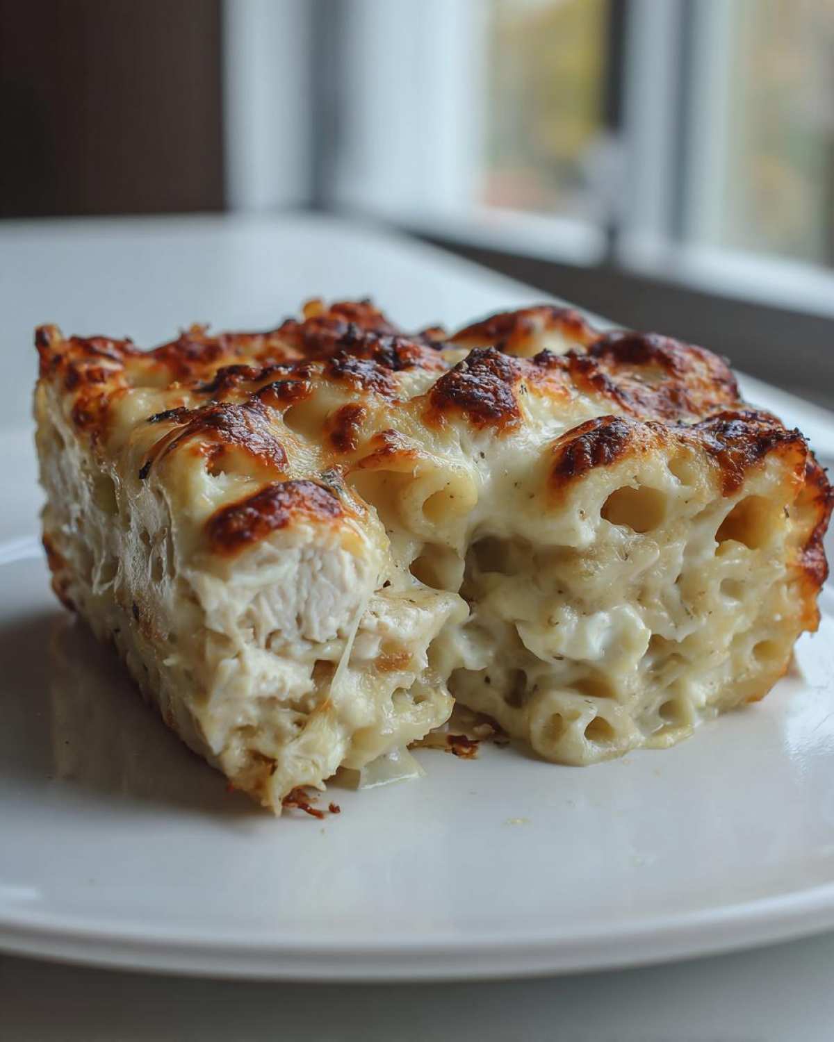 A square serving of Cheesy Chicken Alfredo Pasta Bake with a browned, bubbly mozzarella topping.