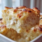 A serving being lifted from a Cheesy Chicken Alfredo Pasta Bake, showing melted, browned cheese and stringy mozzarella pull.