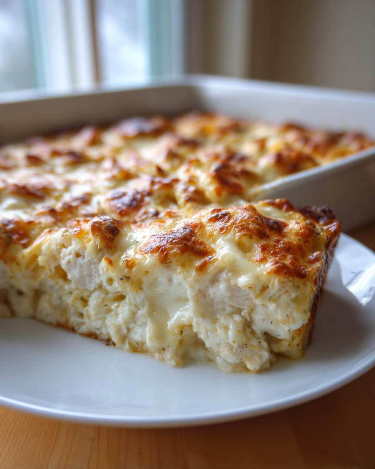 A thick slice of Cheesy Chicken Alfredo Pasta Bake with Mozzarella showing creamy sauce and golden-brown topping.