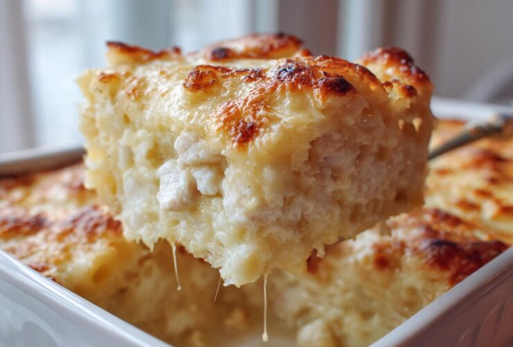 A serving being lifted from a Cheesy Chicken Alfredo Pasta Bake, showing melted, browned cheese and stringy mozzarella pull.