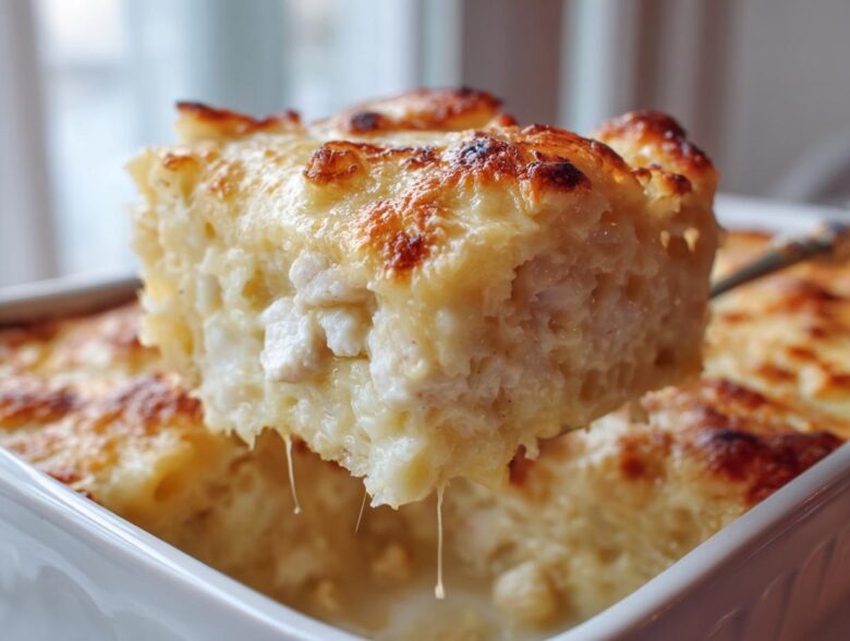 A serving being lifted from a Cheesy Chicken Alfredo Pasta Bake, showing melted, browned cheese and stringy mozzarella pull.