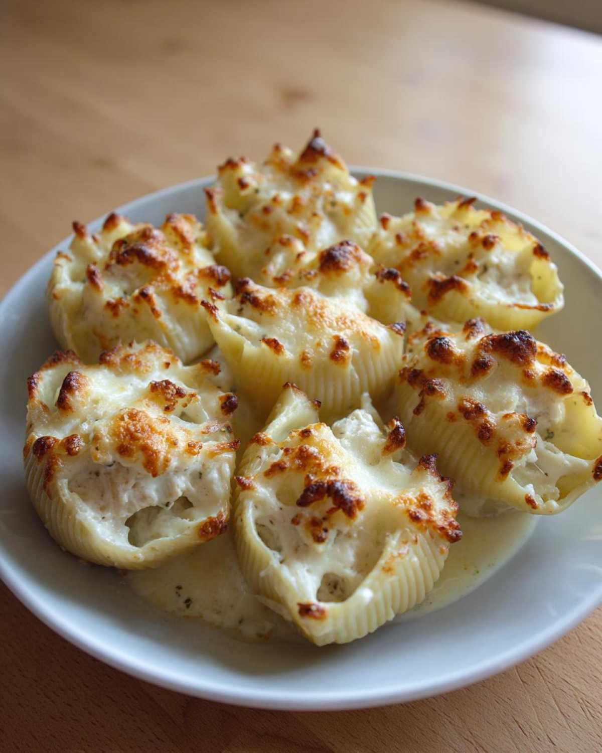 Six baked Cheesy Chicken Alfredo Stuffed Shells topped with browned, melted cheese, served on a white plate.
