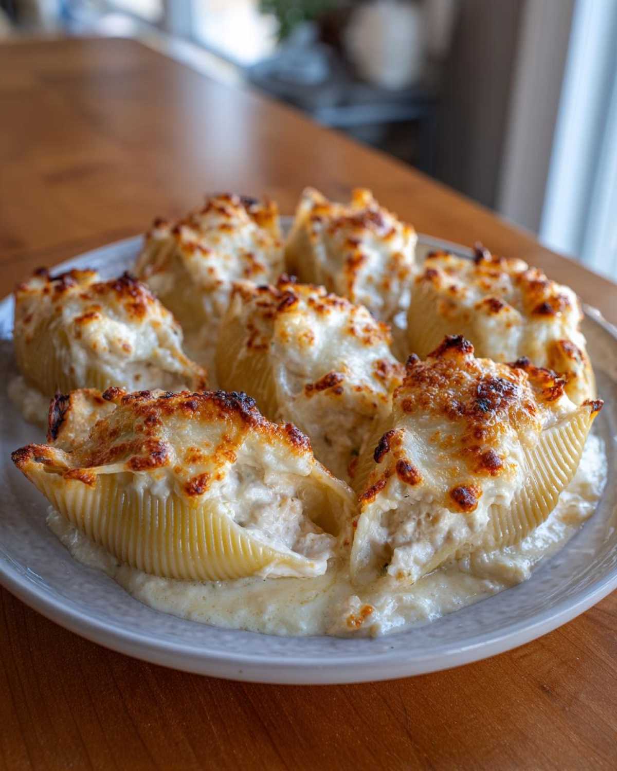 Close-up of baked Cheesy Chicken Alfredo Stuffed Shells topped with browned cheese, served on a light gray plate.