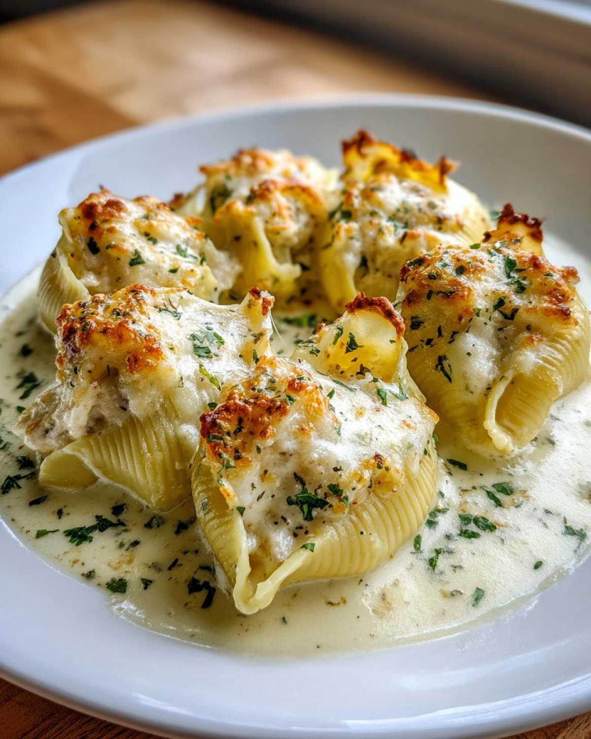 Close-up of baked Cheesy Chicken Alfredo Stuffed Shells topped with browned cheese and fresh parsley, served in Alfredo sauce.