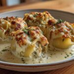Four baked Cheesy Chicken Alfredo Stuffed Shells topped with melted, browned cheese and fresh parsley, resting in Alfredo sauce.