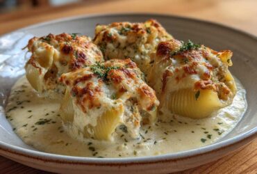 Four baked Cheesy Chicken Alfredo Stuffed Shells topped with melted, browned cheese and fresh parsley, resting in Alfredo sauce.
