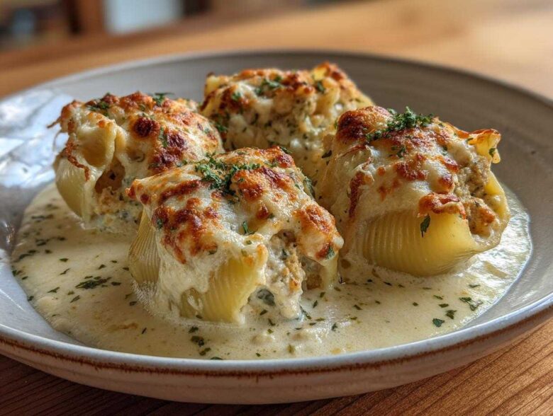 Four baked Cheesy Chicken Alfredo Stuffed Shells topped with melted, browned cheese and fresh parsley, resting in Alfredo sauce.