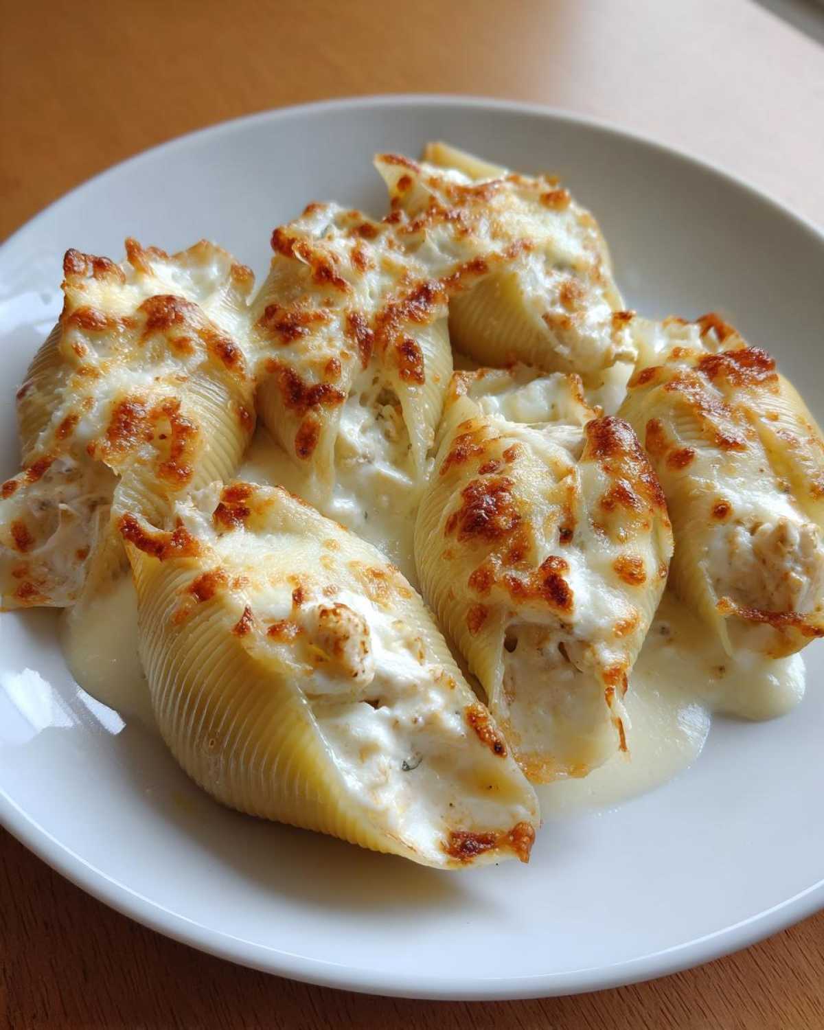 A close-up of baked Cheesy Chicken Alfredo Stuffed Shells, generously topped with browned, melted mozzarella cheese.
