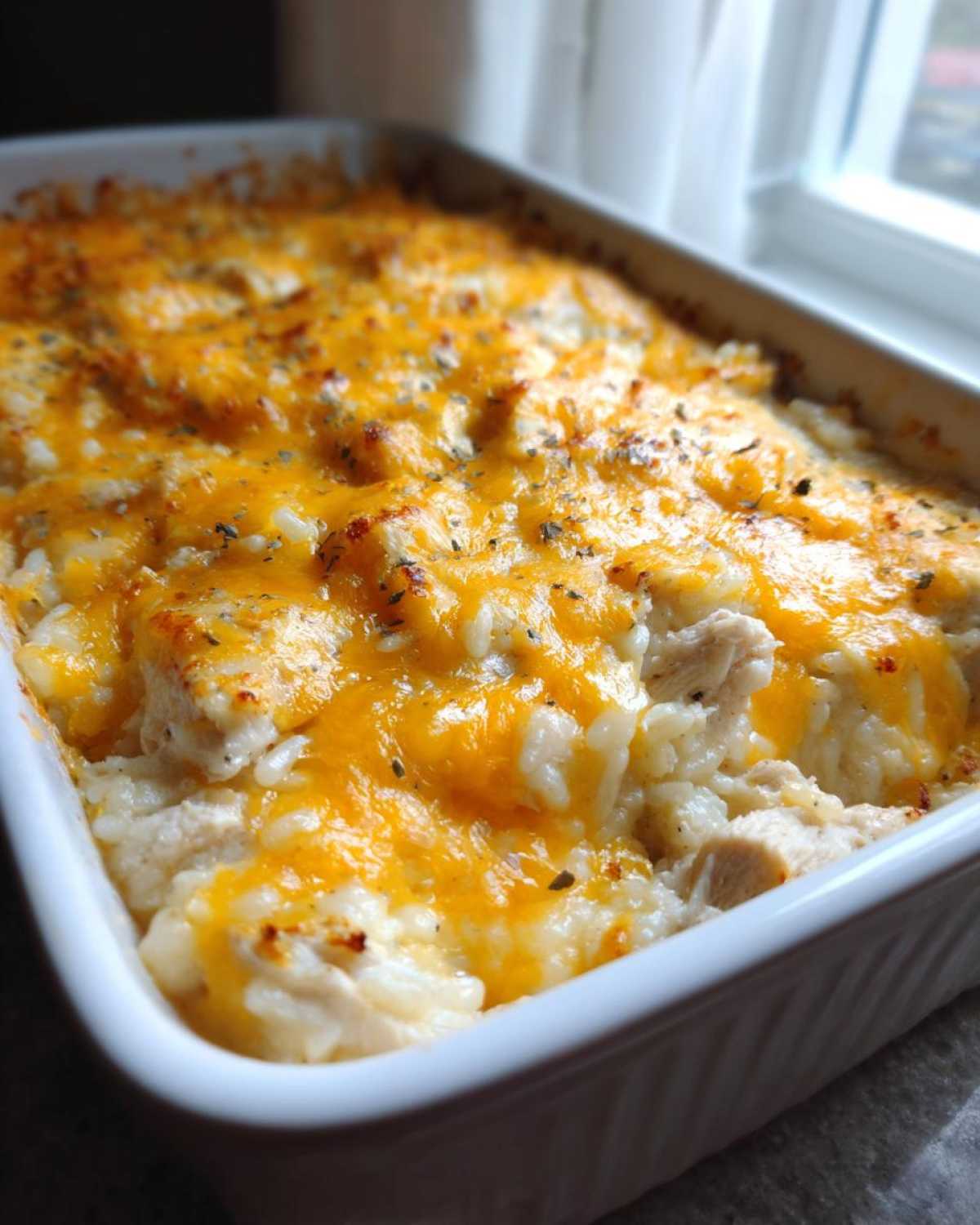 A close-up of a baked Cheesy Chicken and Rice Casserole Easy Bake topped with melted orange cheddar cheese and herbs.