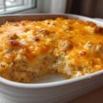 Close-up of a freshly baked Cheesy Chicken and Rice Casserole Easy Bake with a bubbly, golden-brown cheddar cheese topping.