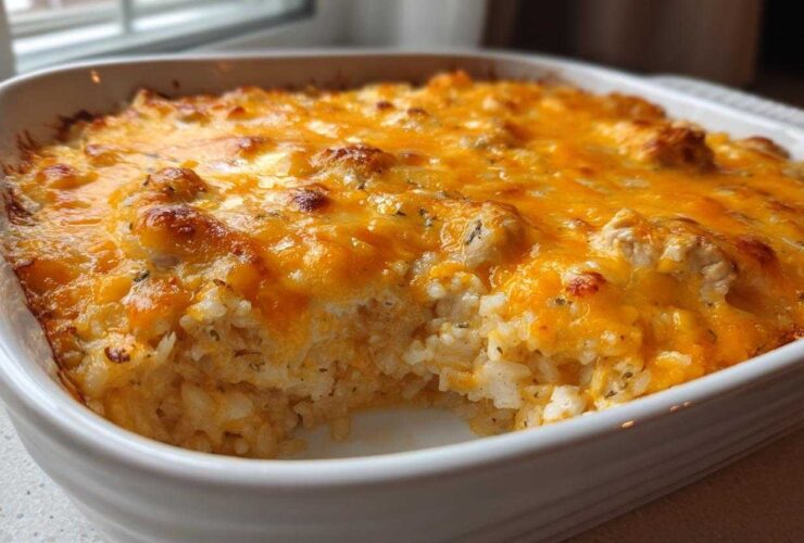 Close-up of a freshly baked Cheesy Chicken and Rice Casserole Easy Bake with a bubbly, golden-brown cheddar cheese topping.