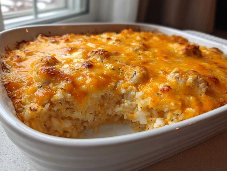 Close-up of a freshly baked Cheesy Chicken and Rice Casserole Easy Bake with a bubbly, golden-brown cheddar cheese topping.