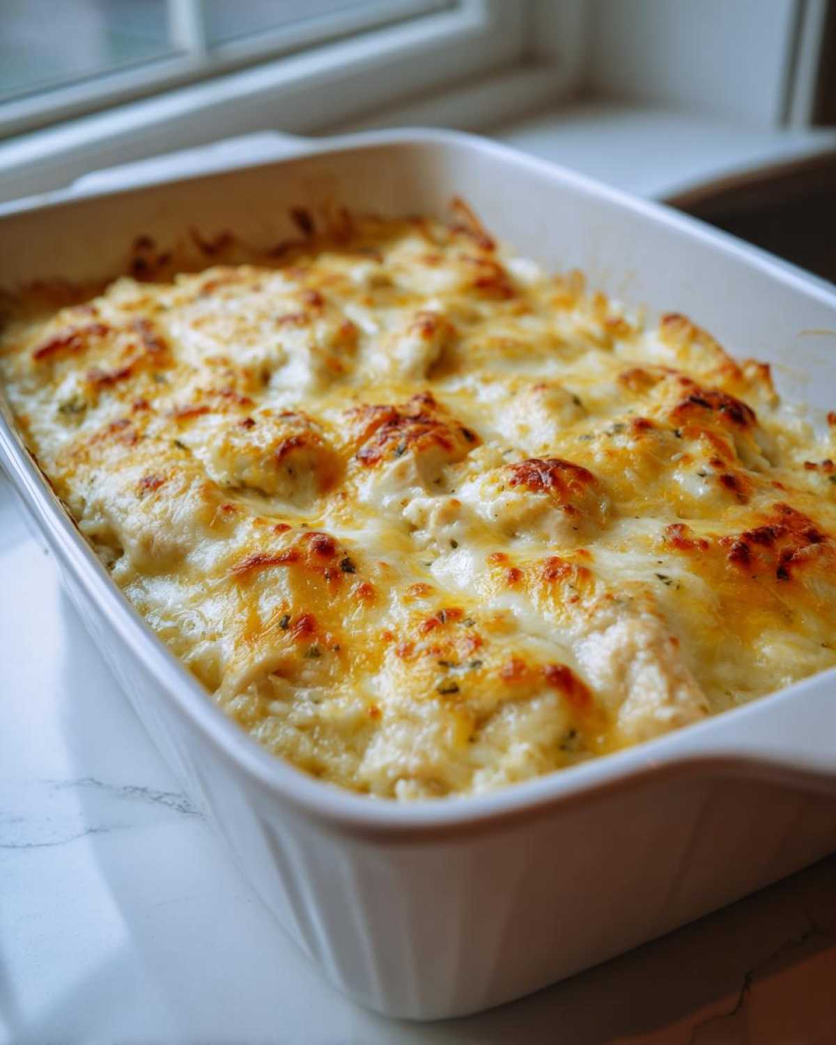 A freshly baked Cheesy Chicken and Rice Casserole Easy Bake with a golden, bubbly cheese topping in a white rectangular dish.