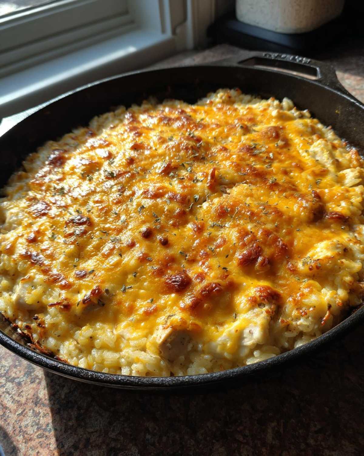 Close-up of a Cheesy Chicken and Rice Skillet in a cast-iron pan, featuring bubbly, browned cheddar cheese.