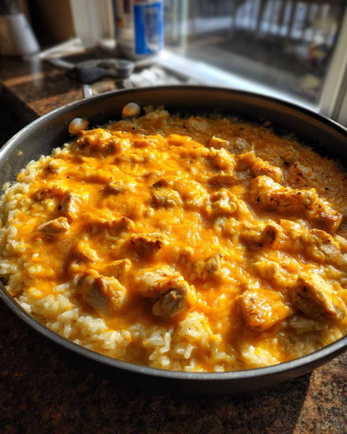 Close-up of Cheesy Chicken and Rice Skillet in a pan, topped with melted orange cheddar cheese.