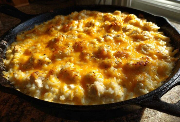 Close-up of a Cheesy Chicken and Rice Skillet in a cast iron pan, topped with melted cheddar cheese.