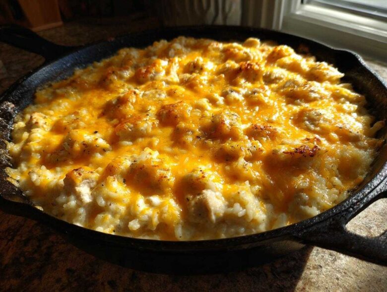 Close-up of a Cheesy Chicken and Rice Skillet in a cast iron pan, topped with melted cheddar cheese.