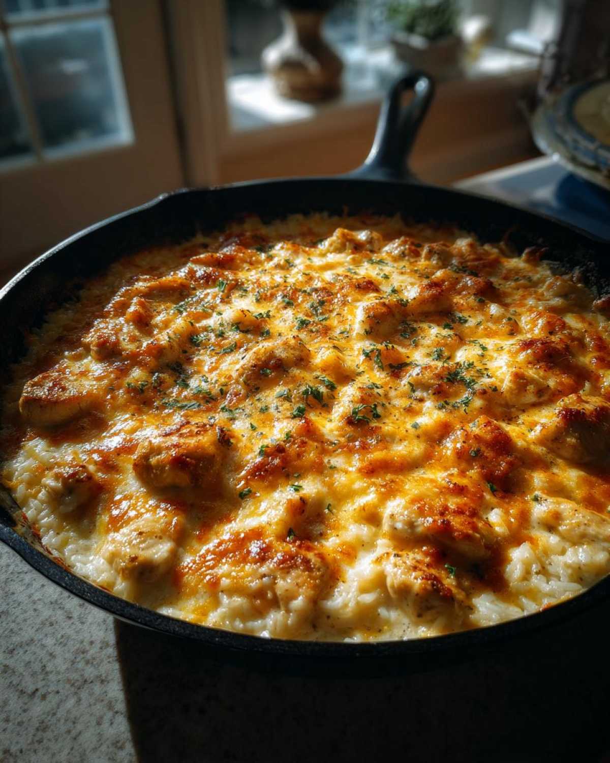 Close-up of a Cheesy Chicken and Rice Skillet in a cast-iron pan, featuring bubbly, browned cheddar cheese.