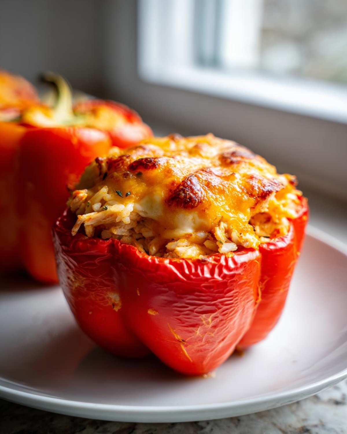 A bright red bell pepper stuffed with a savory chicken and rice mixture, topped with melted, browned cheese for Cheesy Chicken and Rice Stuffed Peppers.
