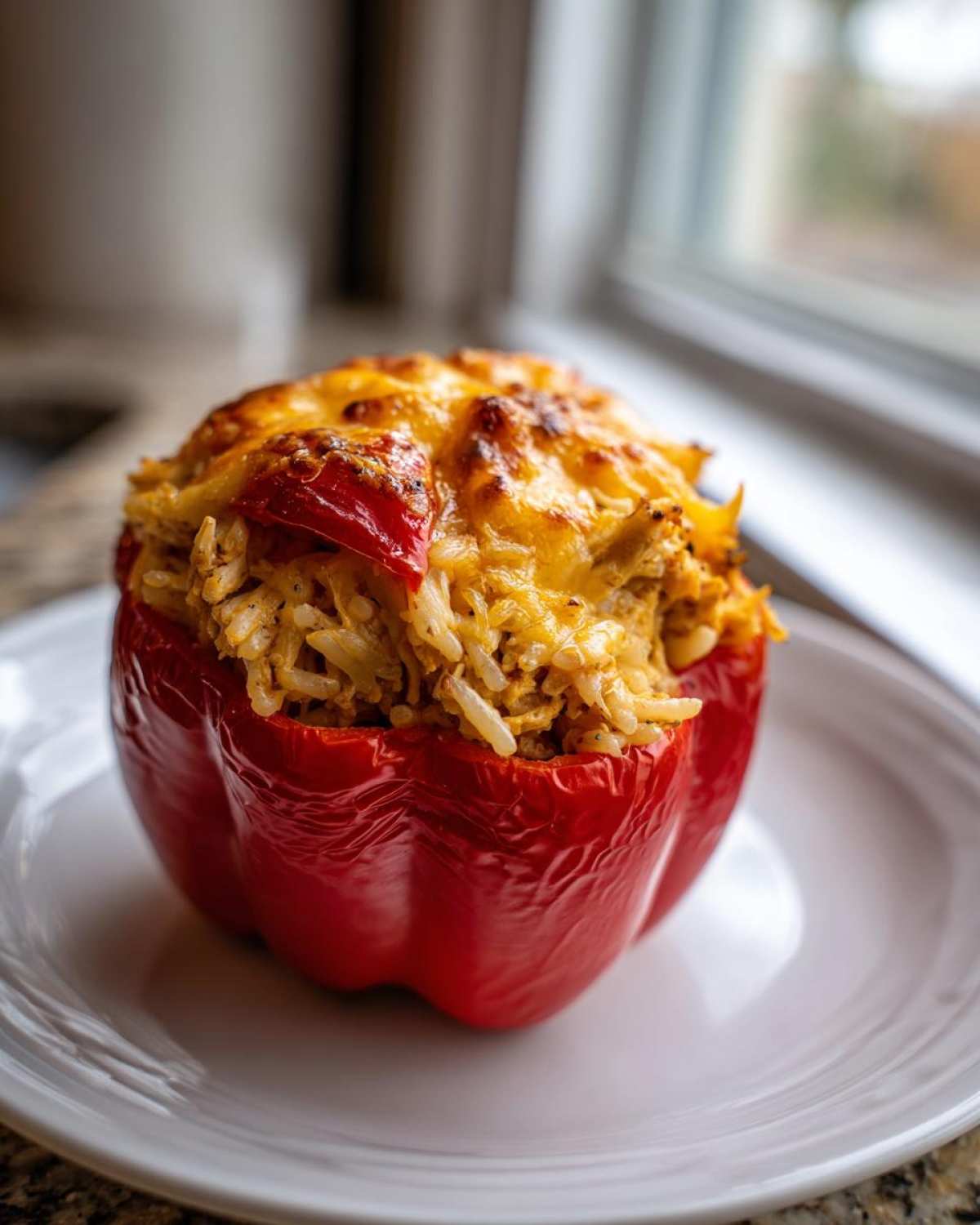 A single, vibrant red bell pepper stuffed with cheesy chicken and rice filling, baked until golden brown on top.