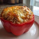A single, vibrant red bell pepper stuffed with cheesy chicken and rice mixture, baked until golden brown.