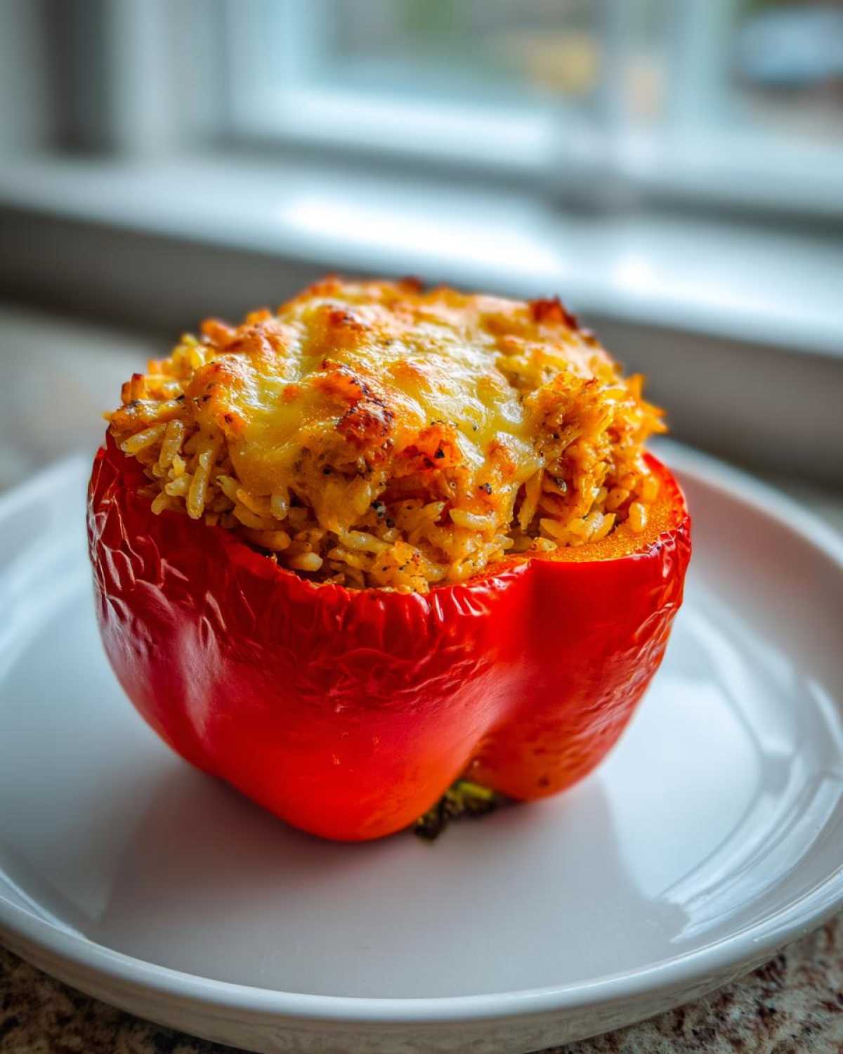 A single, vibrant red bell pepper stuffed with cheesy chicken and rice mixture, baked until golden brown on top.