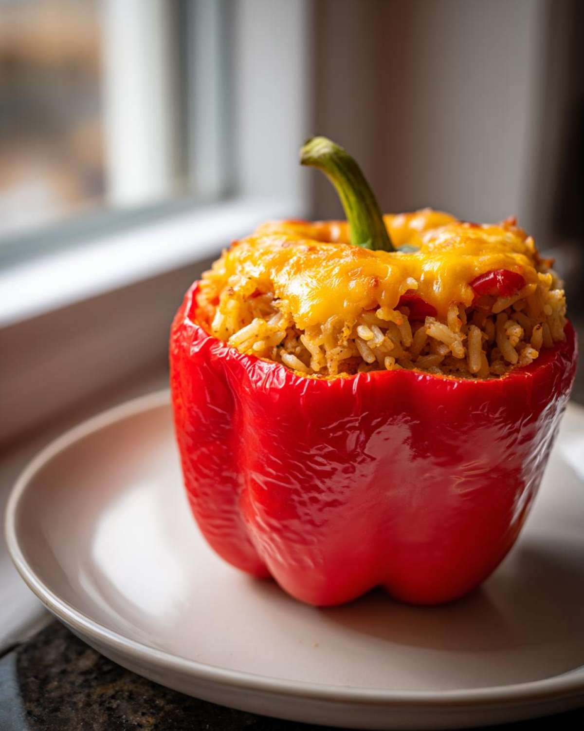 A single, bright red bell pepper stuffed with seasoned rice and topped with melted cheddar cheese, ready to eat, as part of a Cheesy Chicken and Rice Stuffed Peppers recipe.