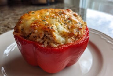 A single, vibrant red bell pepper stuffed with cheesy chicken and rice mixture, baked until golden brown.