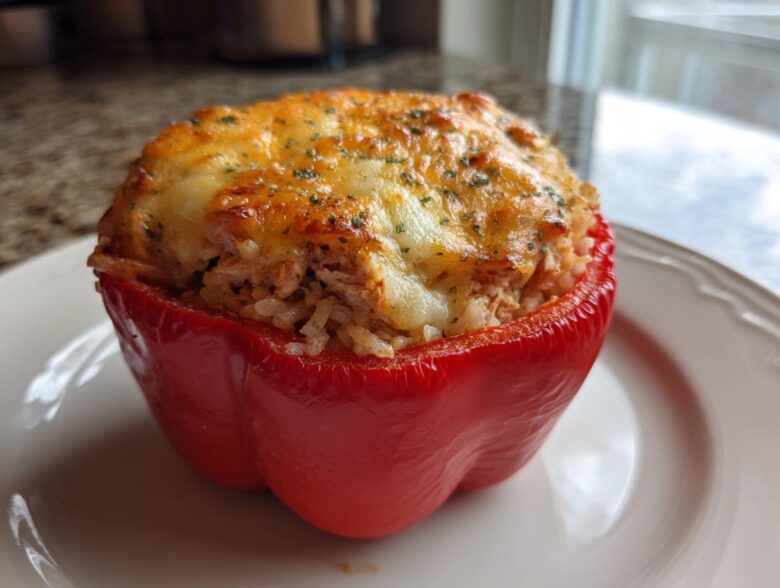 A single, vibrant red bell pepper stuffed with cheesy chicken and rice mixture, baked until golden brown.