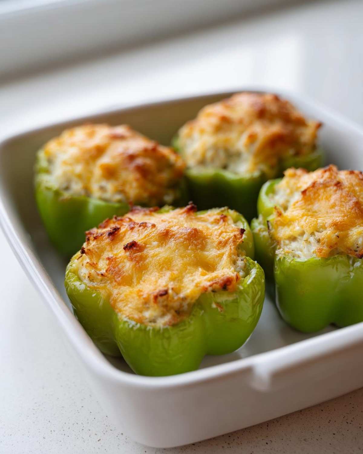 Four bright green bell peppers stuffed with a creamy chicken mixture and topped with melted, browned cheese for Cheesy Chicken Stuffed Bell Peppers Easy Recipe.