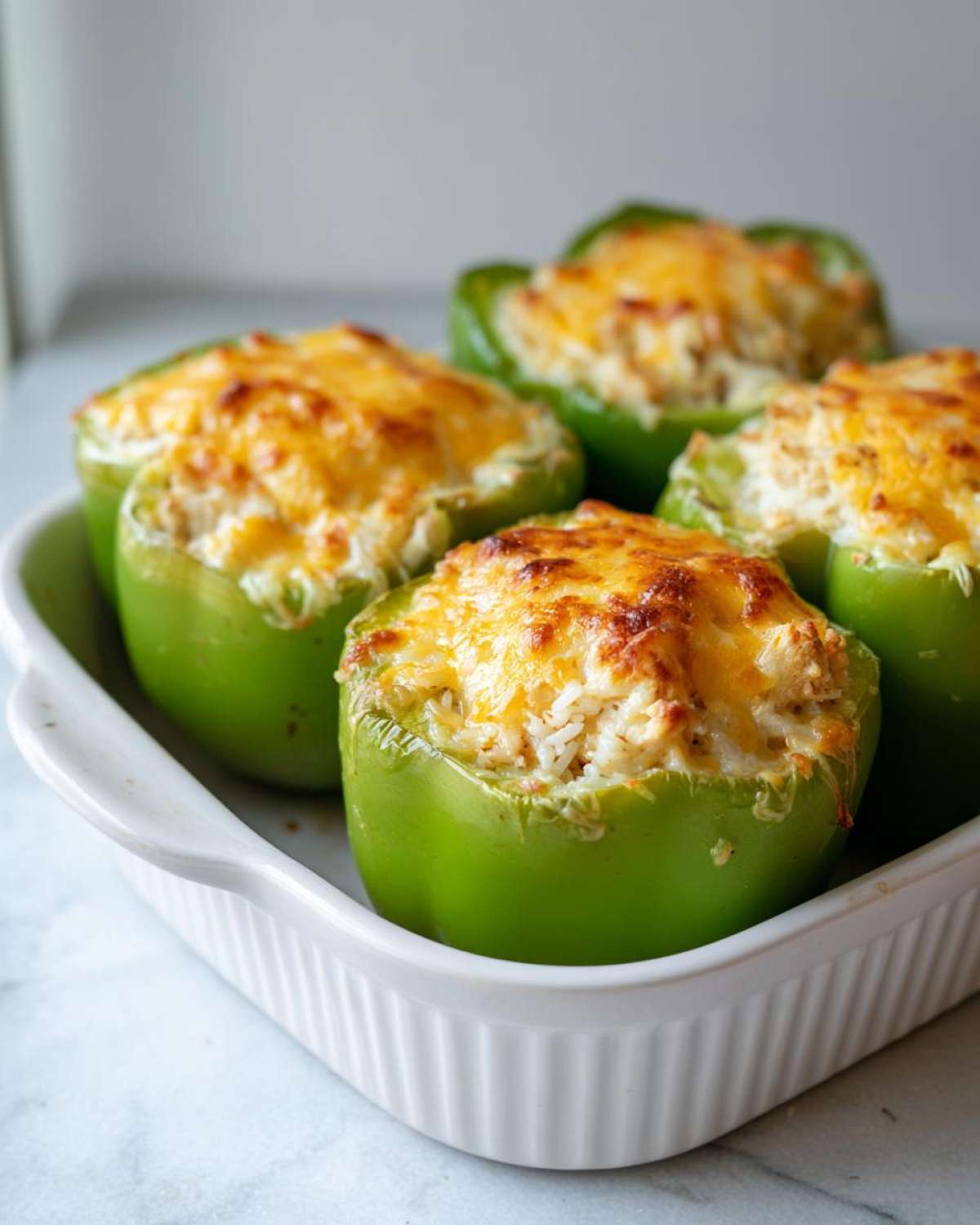 Five bright green bell peppers stuffed with a creamy chicken and rice mixture, topped with melted, browned cheese, ready to serve.