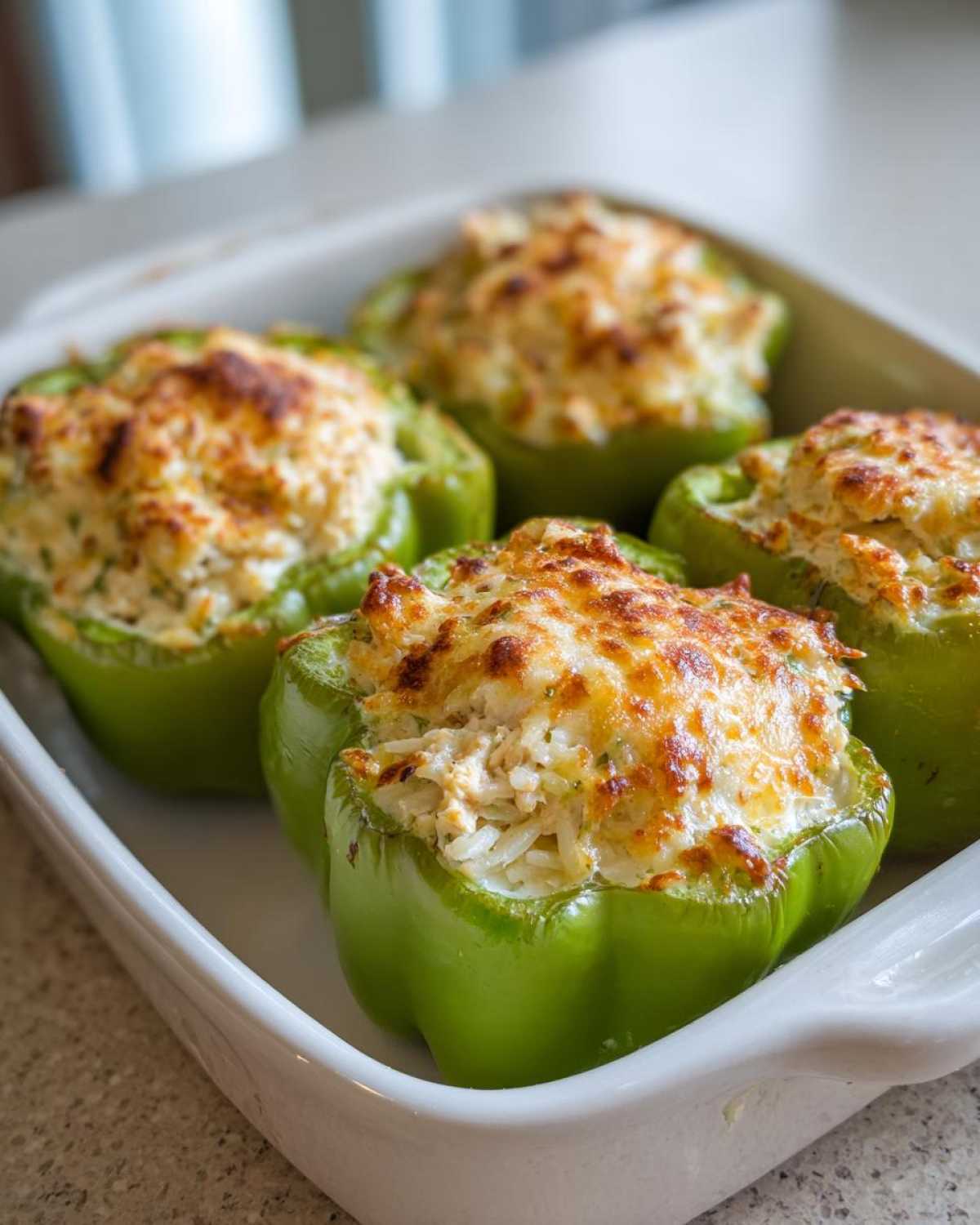 Four bright green bell peppers filled with a cheesy chicken and rice mixture, baked until golden brown.
