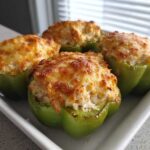 Four bright green bell peppers filled with a creamy chicken mixture and topped with golden, bubbly cheese, ready to eat.
