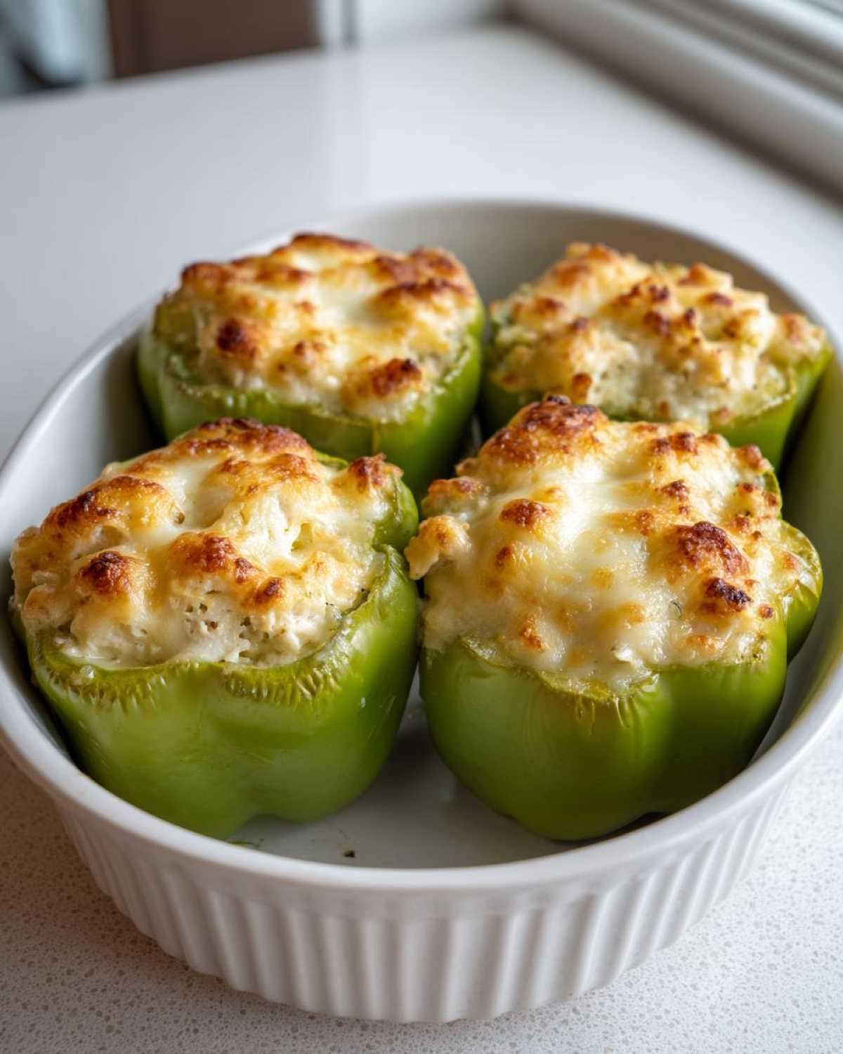 Four bright green bell peppers filled with cheesy chicken mixture, baked until golden brown.