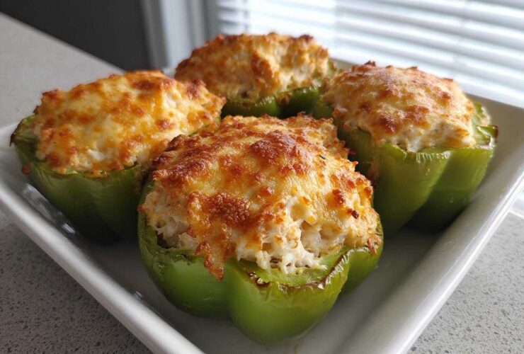 Four bright green bell peppers filled with a creamy chicken mixture and topped with golden, bubbly cheese, ready to eat.