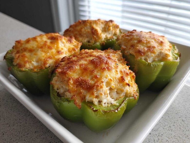 Four bright green bell peppers filled with a creamy chicken mixture and topped with golden, bubbly cheese, ready to eat.