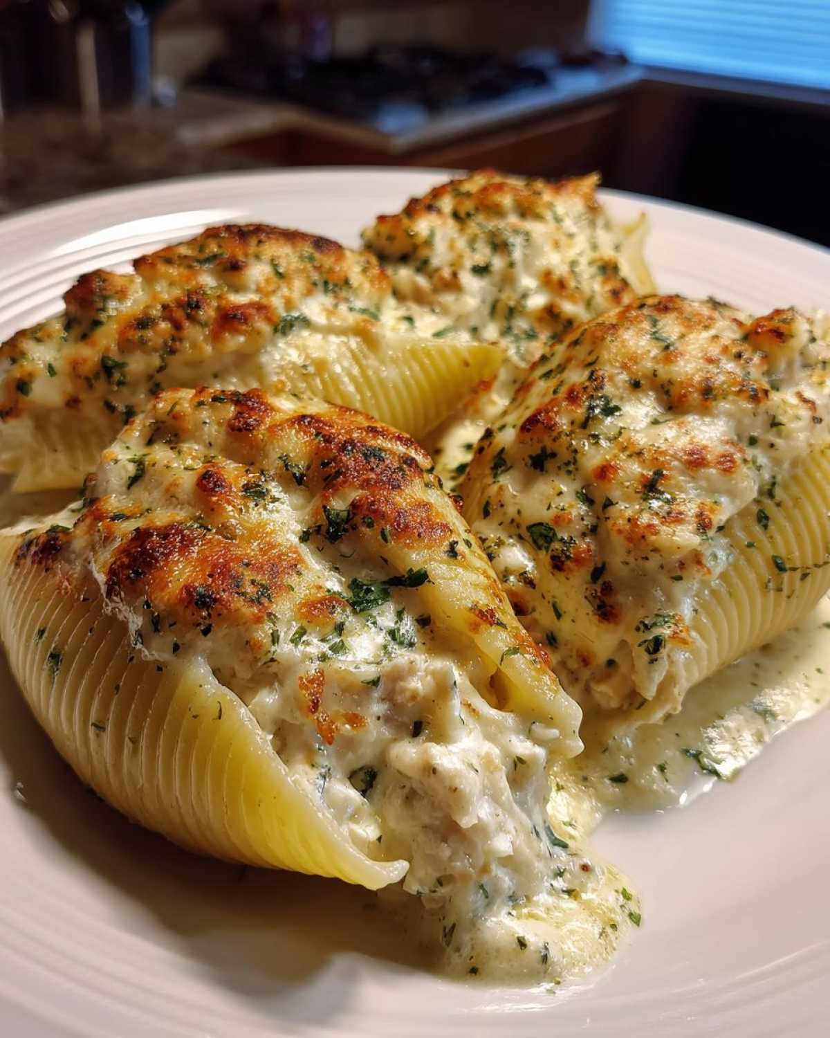 Four baked jumbo shells of Cheesy Chicken Stuffed Pasta with a rich, bubbly cream sauce and browned cheese topping.