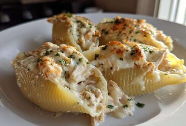 Close-up of baked Cheesy Chicken Stuffed Pasta shells topped with melted cheese and parsley.